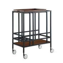 Coupon ⌛ Posh Living Biony Modern Metal Bar Cart With Wheels In Bar Cart Black/Walnut ✔️