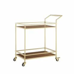 Wholesale ⭐ Posh Living Karin Tempered Glass Shelf Bar Serving Cart In Gold/Walnut 🥰