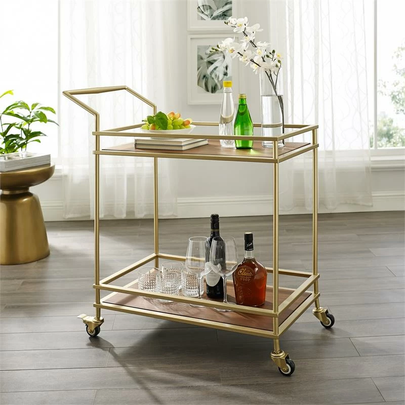 Wholesale β Posh Living Karin Tempered Glass Shelf Bar Serving Cart In Gold/Walnut π₯° 2 Wholesale β Posh Living Karin Tempered Glass Shelf Bar Serving Cart In Gold/Walnut π₯° - Image 2