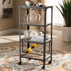 Cheap ⭐ Baxton Studio Swanson Black Metal Oak Wood Mobile Kitchen Bar Cart ⌛ -Guest Chairs Sales 1972311 5 L