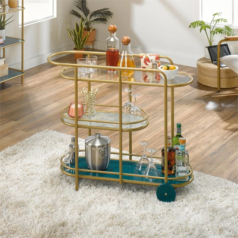 New π― Sauder Coral Cape Modern 3-Shelf Glass And Metal Bar Cart In Satin Gold π€© 2 New π― Sauder Coral Cape Modern 3-Shelf Glass And Metal Bar Cart In Satin Gold π€© - Image 2