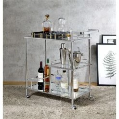 Buy 🛒 ACME Furniture ACME Splinter Glass Tier Shelves Serving Cart With Wheels In Clear And Chrome 🛒 -Guest Chairs Sales 2148931 9 L