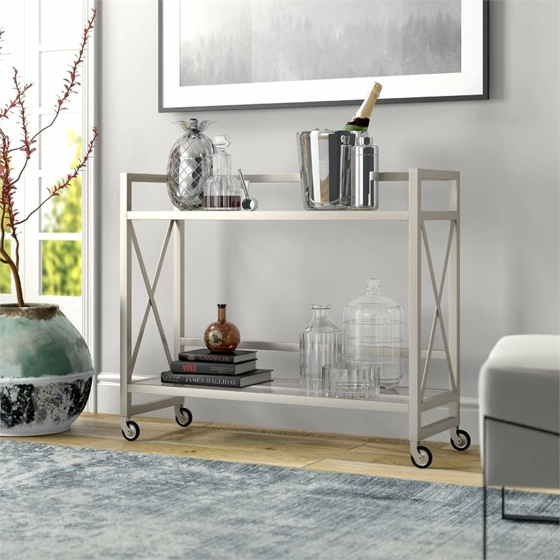Promo π Henn&Hart 38" Satin Nickel Metal/Glass Bar Cart π― 5 Promo π Henn&Hart 38" Satin Nickel Metal/Glass Bar Cart π― - Image 5