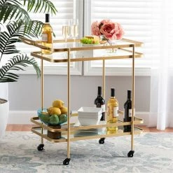 Best reviews of 👏 Baxton Studio Destin Gold Finished Metal And Glass 2-Tier Mobile Wine Bar Cart ✨ -Guest Chairs Sales 2175119 13 L