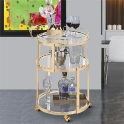 Discount 🔥 Benjara 19.68" 3-tier Metal Serving Cart With Round Glass Shelves In Gold 🌟 -Guest Chairs Sales 2207423 5 L