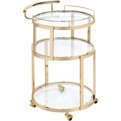 Discount π₯ Benjara 19.68" 3-tier Metal Serving Cart With Round Glass Shelves In Gold π