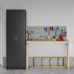 Best Sale 💯 Ameriwood Home SystemBuild Lonn 24" Utility Storage Cabinet In Black 🔔 -Guest Chairs Sales 2216357 3 L