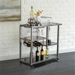 Outlet 😍 Benzara Metal Bar Cart With Tempered Glass Shelves In Gunmetal Gray Black 💯 -Guest Chairs Sales 2240896 4 L 1