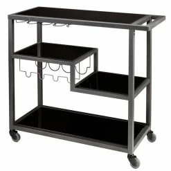 Outlet 😍 Benzara Metal Bar Cart With Tempered Glass Shelves In Gunmetal Gray Black 💯