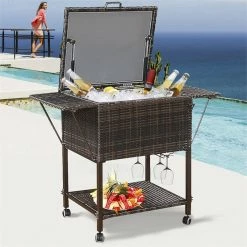 Hot Sale 🌟 Costway Rattan Portable Outdoor Patio Cooler Cart With Shelf In Mix Brown 🌟 -Guest Chairs Sales 2301302 7 L