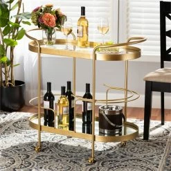 Buy π Bowery Hill Gold Finished Metal And Glass 2-Tier Mobile Wine Bar Cart π 13 Buy π Bowery Hill Gold Finished Metal And Glass 2-Tier Mobile Wine Bar Cart π -Guest Chairs Sales 2327168 5 L