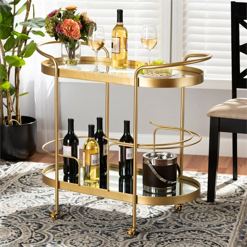 Buy π Bowery Hill Gold Finished Metal And Glass 2-Tier Mobile Wine Bar Cart π 6 Buy π Bowery Hill Gold Finished Metal And Glass 2-Tier Mobile Wine Bar Cart π - Image 6