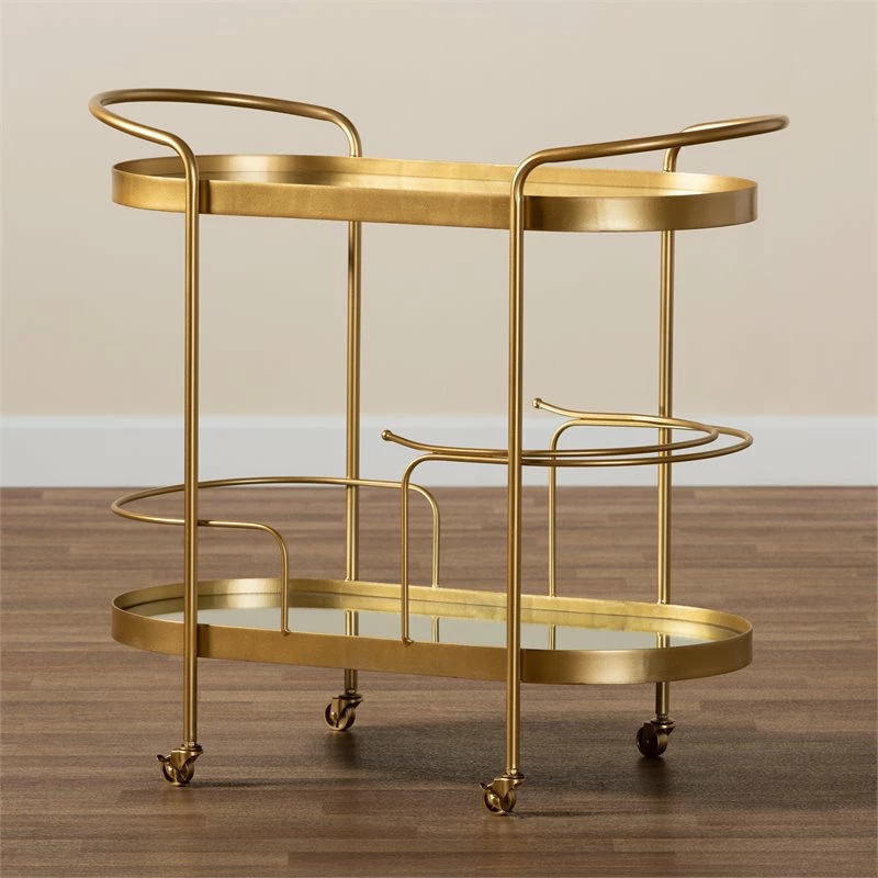 Buy π Bowery Hill Gold Finished Metal And Glass 2-Tier Mobile Wine Bar Cart π 7 Buy π Bowery Hill Gold Finished Metal And Glass 2-Tier Mobile Wine Bar Cart π - Image 7