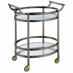 Outlet 🌟 Benzara Oval Metal Serving Cart In Clear Glass & Gold 💯
