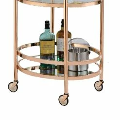 Outlet 🤩 Benzara Oval Metal Serving Cart In Clear Glass & Copper 👏 -Guest Chairs Sales 2368259 3 L