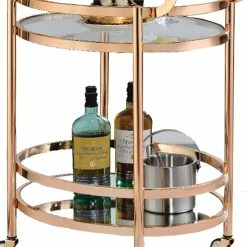 Outlet 🤩 Benzara Oval Metal Serving Cart In Clear Glass & Copper 👏 -Guest Chairs Sales 2368259 4 L