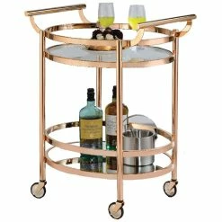 Outlet 🤩 Benzara Oval Metal Serving Cart In Clear Glass & Copper 👏