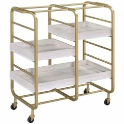 Budget β Benzara Metal Frame Serving Cart With Adjustable Compartments InGold And Washed White π