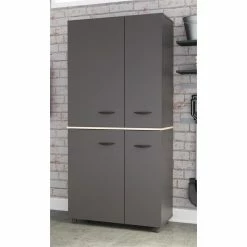 Best Sale ⌛ Inval America Kratos 12-Shelf Garage Storage Cabinet In Dark Gray And Maple 🔔 -Guest Chairs Sales 2398464 2 L