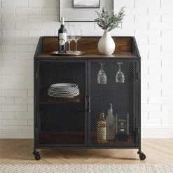 Budget β¨ Walker Edison 33" Industrial Mesh Metal Doors Bar Cart With Locking Casters In Dark Walnut π₯°