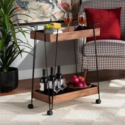 New ⭐ Baxton Studio Reynard Brown Finished Wood And Black Metal 2-Tier Wine Cart ⭐ -Guest Chairs Sales 2438183 7 L