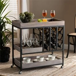 Wholesale 🔥 Baxton Studio Laine Charcoal Finished Wood And Black Metal Wine Cart ⌛ -Guest Chairs Sales 2451517 8 L