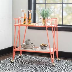 Cheap 🔔 Linon Mia Metal And Mirorred Mid Century Bar Cart In Coral Orange 🧨 -Guest Chairs Sales 2507685 6 L