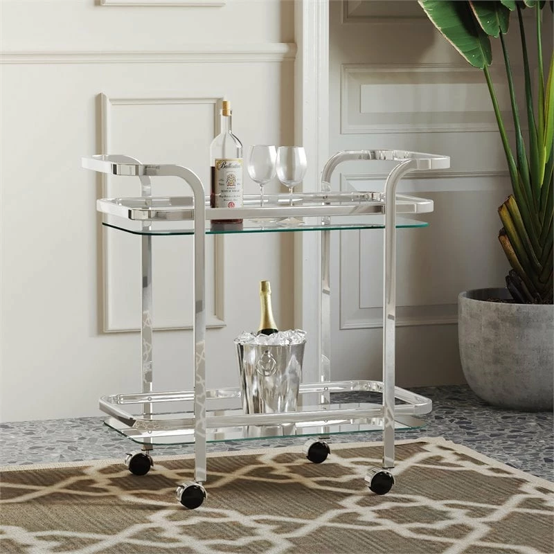 Budget ๐ WHI Zedd 2-Tier Contemporary Metal/Glass Functional Bar Cart In Chrome ๐ 2 Budget ๐ WHI Zedd 2-Tier Contemporary Metal/Glass Functional Bar Cart In Chrome ๐ - Image 2