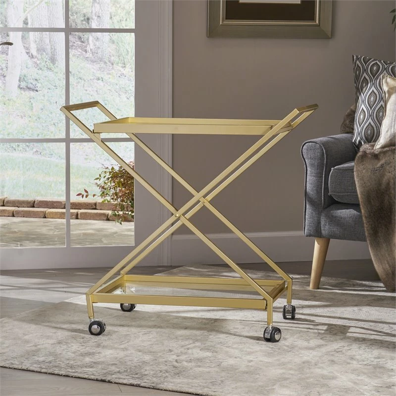 Cheapest ❤️ Noble House Sherianne Iron Bar Cart With Tempered Glass Shelves In Gold 🤩 2 Cheapest ❤️ Noble House Sherianne Iron Bar Cart With Tempered Glass Shelves In Gold 🤩 - Image 2