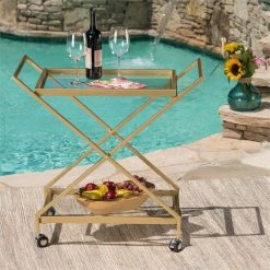 Wholesale 💯 Noble House Annika Outdoor Iron Bar Cart With Tempered Glass Shelves In Gold 🎉 -Guest Chairs Sales 2525199 14 L