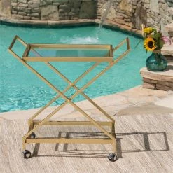 Wholesale 💯 Noble House Annika Outdoor Iron Bar Cart With Tempered Glass Shelves In Gold 🎉 -Guest Chairs Sales 2525199 15 L