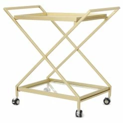 Wholesale 💯 Noble House Annika Outdoor Iron Bar Cart With Tempered Glass Shelves In Gold 🎉