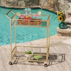 Cheapest ⭐ Noble House Varadero Modern Outdoor Iron And Glass Bar Cart In Gold ❤️ -Guest Chairs Sales 2525218 14 L