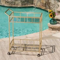 Cheapest ⭐ Noble House Varadero Modern Outdoor Iron And Glass Bar Cart In Gold ❤️ -Guest Chairs Sales 2525218 15 L