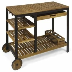 Buy 😀 Noble House Admirals Acacia Wood And Iron Bar Cart With Drawers In Oak 😀