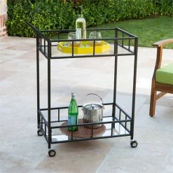 Coupon ❤️ Noble House Varadero Outdoor Iron Bar Cart With Tempered Glass Top In Black 🔔 -Guest Chairs Sales 2525288 14 L