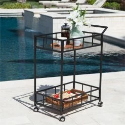 Coupon ❤️ Noble House Varadero Outdoor Iron Bar Cart With Tempered Glass Top In Black 🔔 -Guest Chairs Sales 2525288 16 L