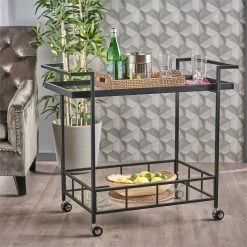 Top 10 🤩 Noble House Ambrose Indoor Iron Bar Cart With Tempered Glass Shelves In Black ⭐ -Guest Chairs Sales 2525290 21 L
