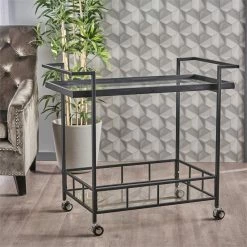 Top 10 🤩 Noble House Ambrose Indoor Iron Bar Cart With Tempered Glass Shelves In Black ⭐ -Guest Chairs Sales 2525290 22 L