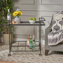 Top 10 🤩 Noble House Ambrose Indoor Iron Bar Cart With Tempered Glass Shelves In Black ⭐ -Guest Chairs Sales 2525290 23 L
