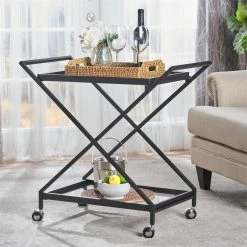 Buy 👍 Noble House Sherianne Iron Bar Cart With Tempered Glass Shelves In Black ✔️ -Guest Chairs Sales 2525291 13 L