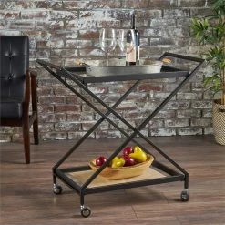 Buy 👍 Noble House Sherianne Iron Bar Cart With Tempered Glass Shelves In Black ✔️ -Guest Chairs Sales 2525291 14 L