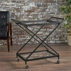 Buy 👍 Noble House Sherianne Iron Bar Cart With Tempered Glass Shelves In Black ✔️ -Guest Chairs Sales 2525291 15 L