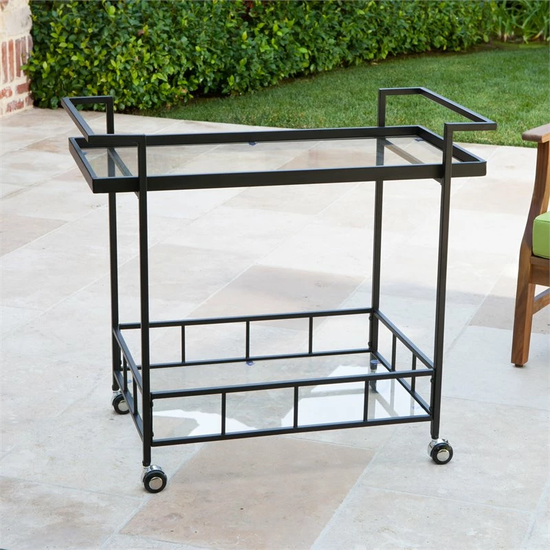 Buy π Noble House Selby Outdoor Iron Bar Cart With Tempered Glass Shelves In Black π 2 Buy π Noble House Selby Outdoor Iron Bar Cart With Tempered Glass Shelves In Black π - Image 2