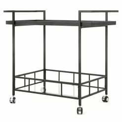 Buy 👍 Noble House Selby Outdoor Iron Bar Cart With Tempered Glass Shelves In Black 🎉
