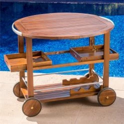Discount 🌟 Noble House Tillary Outdoor Acacia Wood Bar Cart With Aluminum Accents In Oak 🌟 -Guest Chairs Sales 2525295 17 L