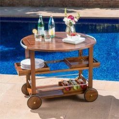 Discount 🌟 Noble House Tillary Outdoor Acacia Wood Bar Cart With Aluminum Accents In Oak 🌟 -Guest Chairs Sales 2525295 18 L