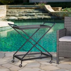 Best deal ✔️ Noble House Annika Iron Outdoor Bar Cart With Tempered Glass Shelves In Black ⭐ -Guest Chairs Sales 2526527 5 L