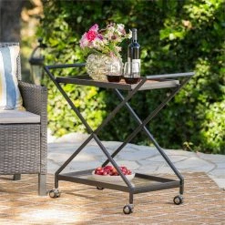 Best deal ✔️ Noble House Annika Iron Outdoor Bar Cart With Tempered Glass Shelves In Black ⭐ -Guest Chairs Sales 2526527 6 L