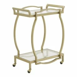 Promo ❤️ INSPIRE Q Tempered Glass & Metal Bar Cart With Wheels In Gold/Clear 😍